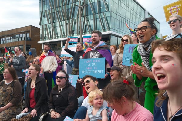 A crowd of people, some sitting on their knees and some standing, many holding signs and transgender pride flags. They're chanting and cheering.